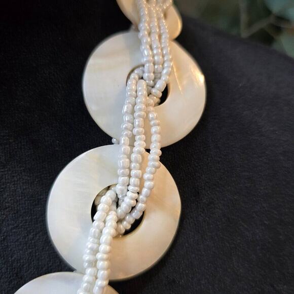 Women White Discs and Braided Seed Bead Multi-Strand Necklace with Lobster Clasp - Picture 4 of 6